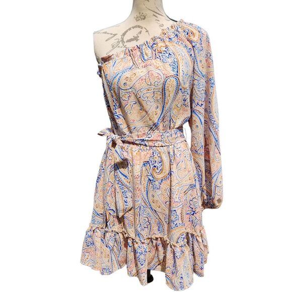 Anthropologie - Entro - Paisley Print One Shoulder Dress Tie Waist Ruffled Hem M - Picture 2 of 8